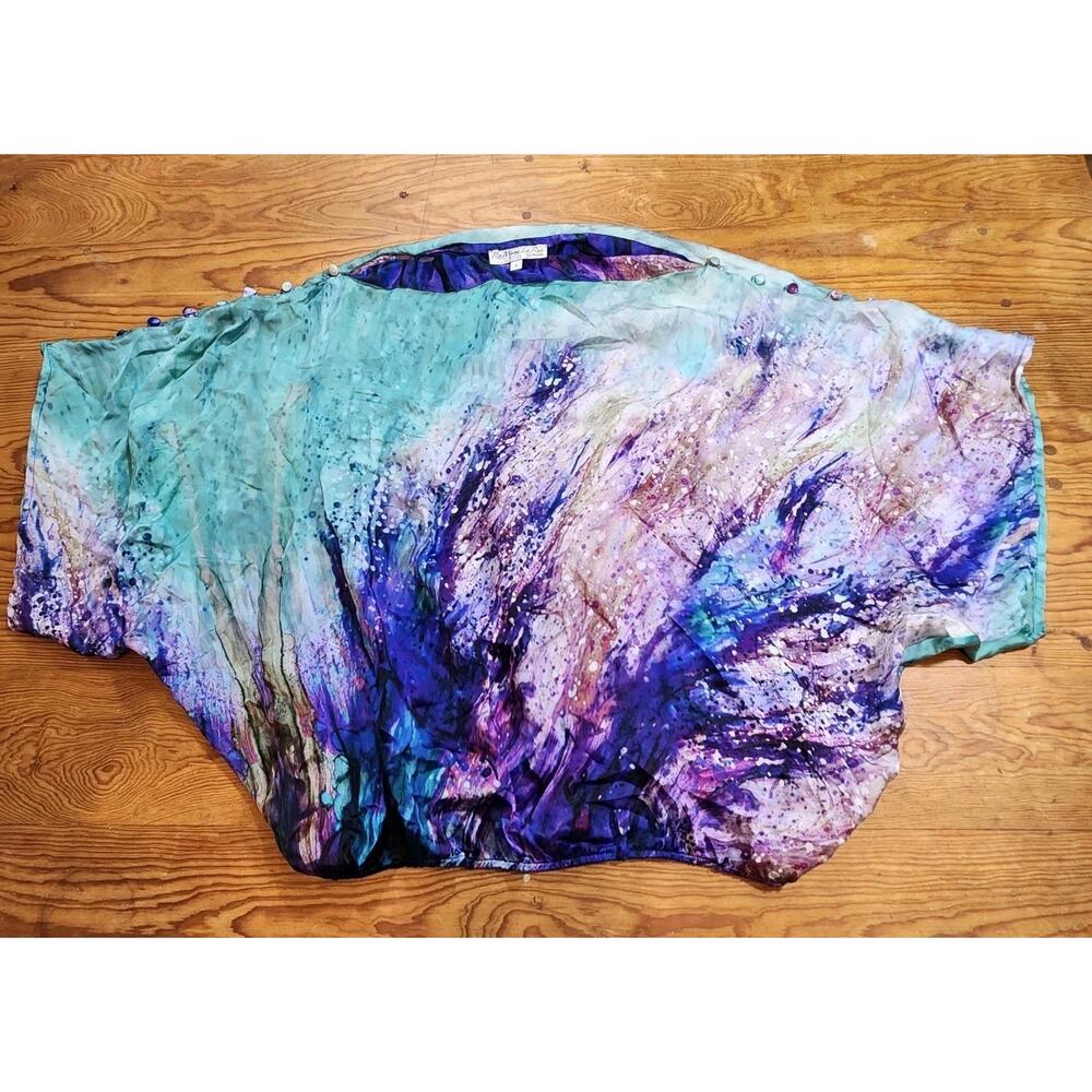 Vintage Y2k 100% Silk Top Blouse Boxy Artsy Watercolor Lightweight Breezy Sz S